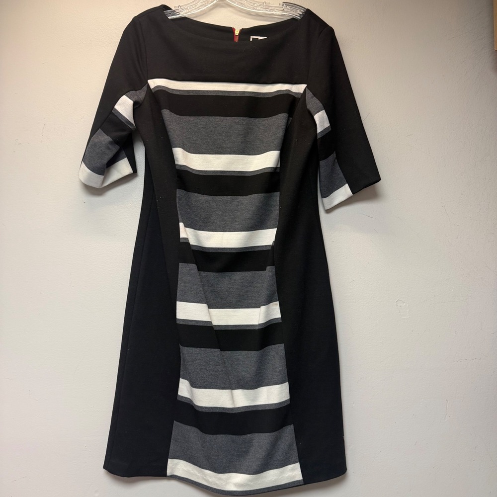 Julian Taylor Sheath Dress Womens 12 Black Striped Colorblock Mod Professional